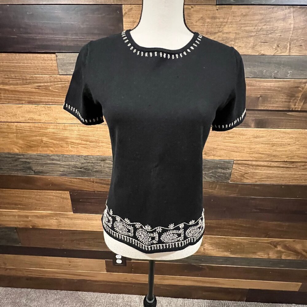 Women's Dressbarn Black Silk Blend Sweater Embroidered Detail, Size 6